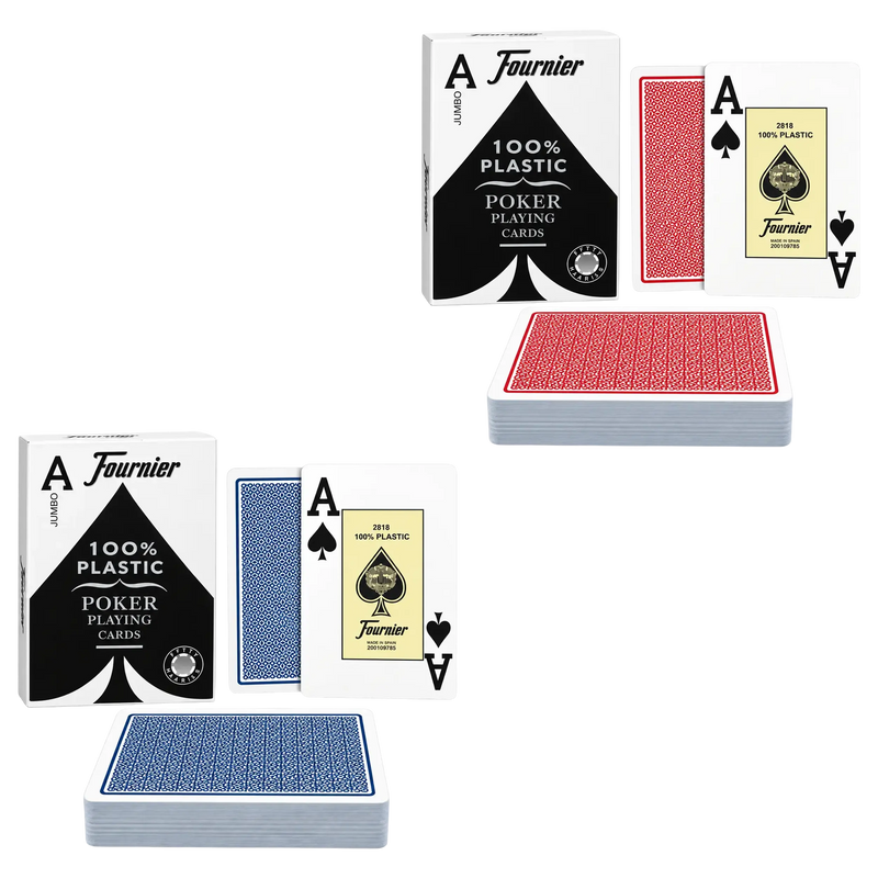 Three color variations of the Tournier Junior plastic playing cards are displayed, each showing the white and black branded box, the blue or red back design of the cards, and the Aces. The cards are arranged on a clean white background.