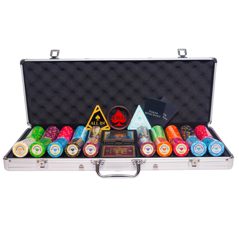 diamond club 500 poker set, colorful poker chips, poker cards, dealer button and poker case