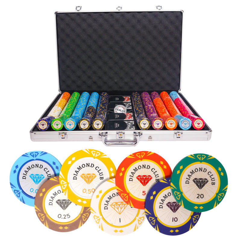 diamond club 1000 poker set cash game, poker chips, poker cards, dealer button and poker case