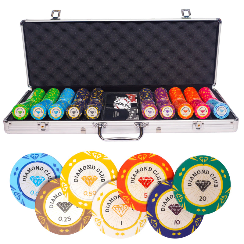 diamond club 500 poker set cash game, poker chips, poker cards, dealer button and poker case