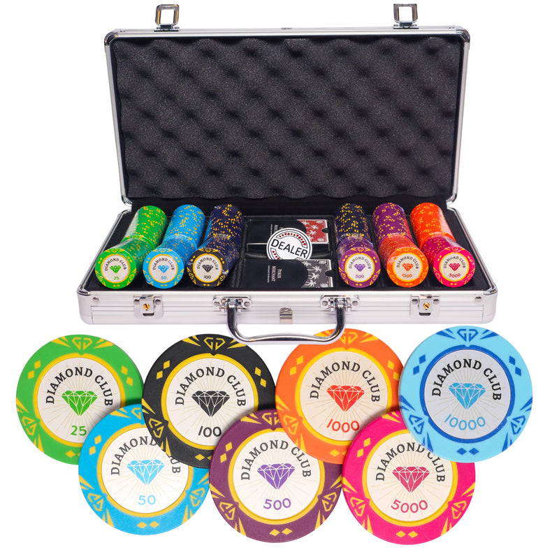 diamond club 300 poker set tournament, poker chips, poker cards, dealer button and poker case
