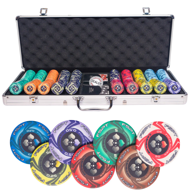 FSPT cash game 500 poker set, colorful poker chips, poker cards, dealer button and poker case