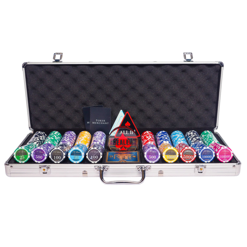 lazar no limit 500 poker set, colorful poker chips, poker cards, dealer button and poker case