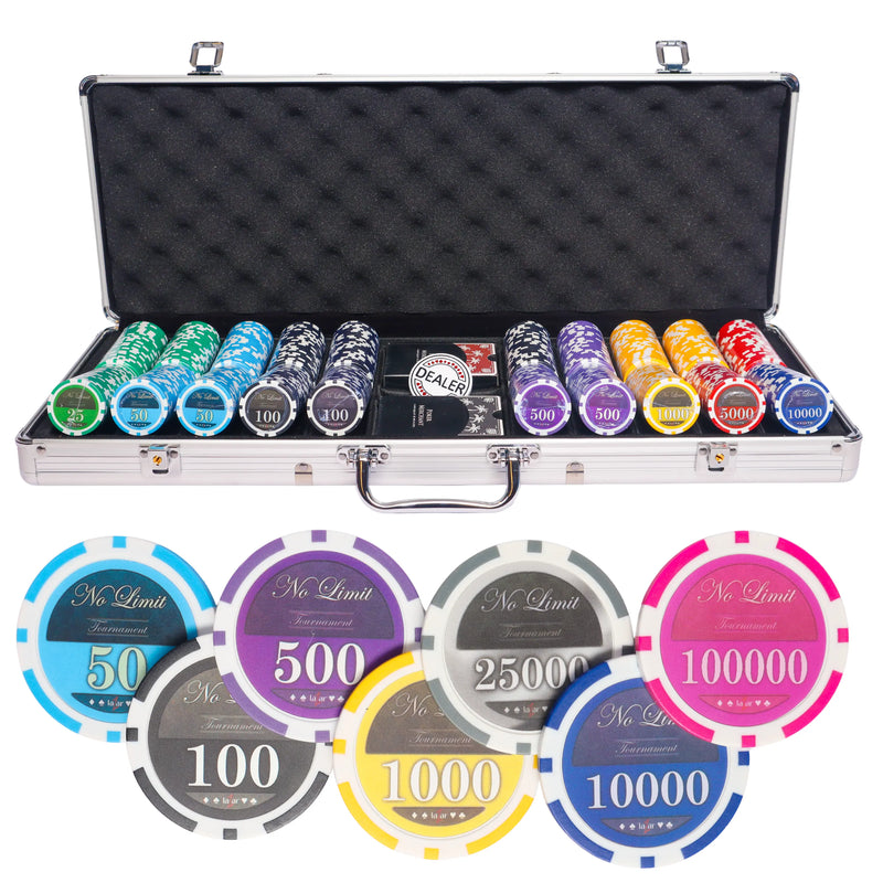 lazar no limit 500 poker set, poker chips, poker cards, dealer button and poker case