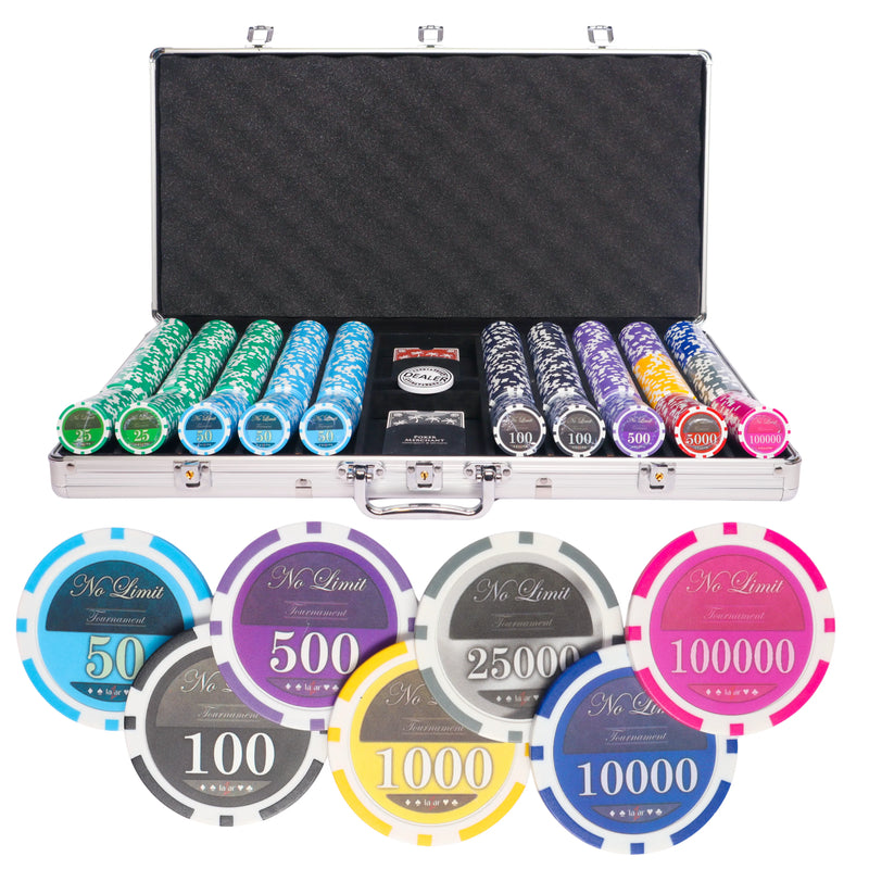 lazar no limit 750 poker set, poker chips, poker cards, dealer button and poker case