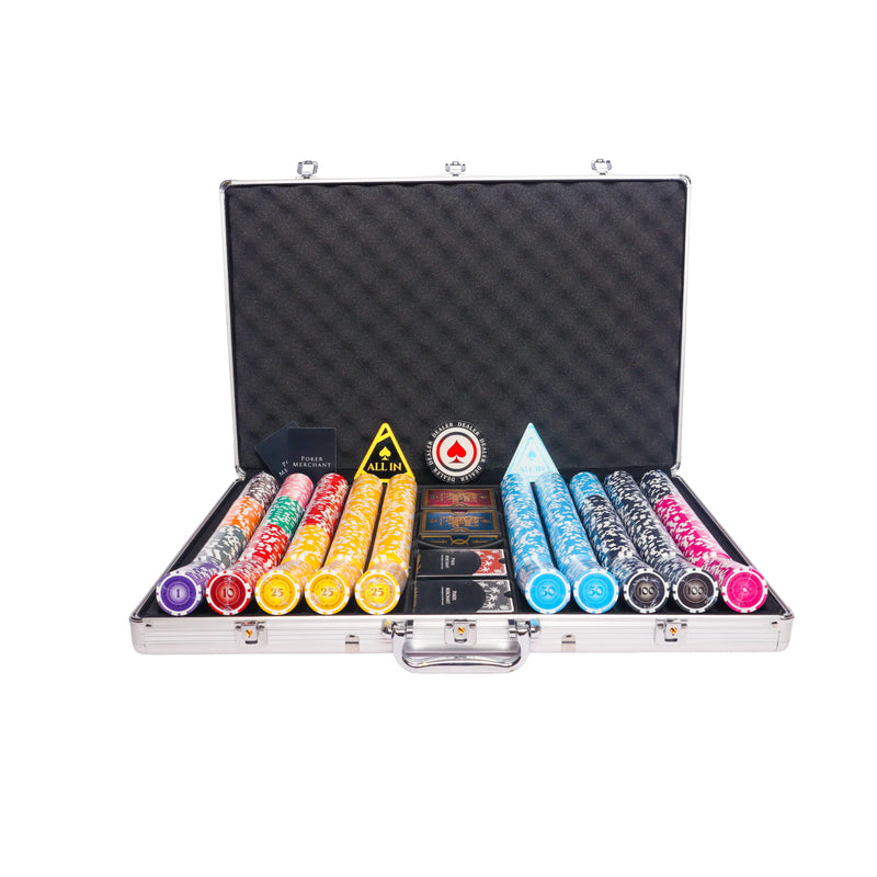 lazar suits 1000 poker set, colorful poker chips, Poker cards, Dealer button and Poker case