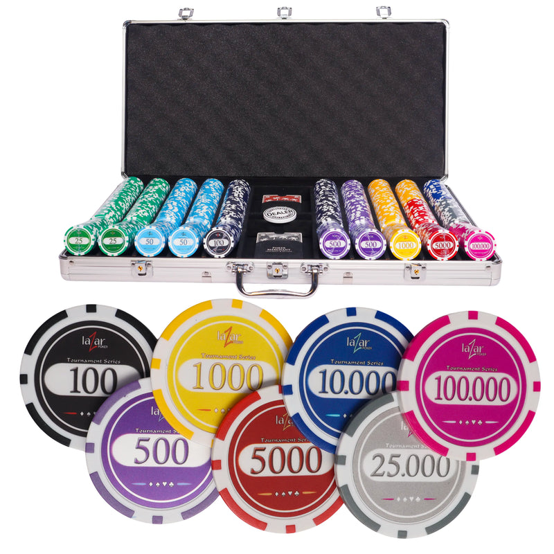 lazar tournament 750 poker set, poker chips, poker cards, dealer button and poker case