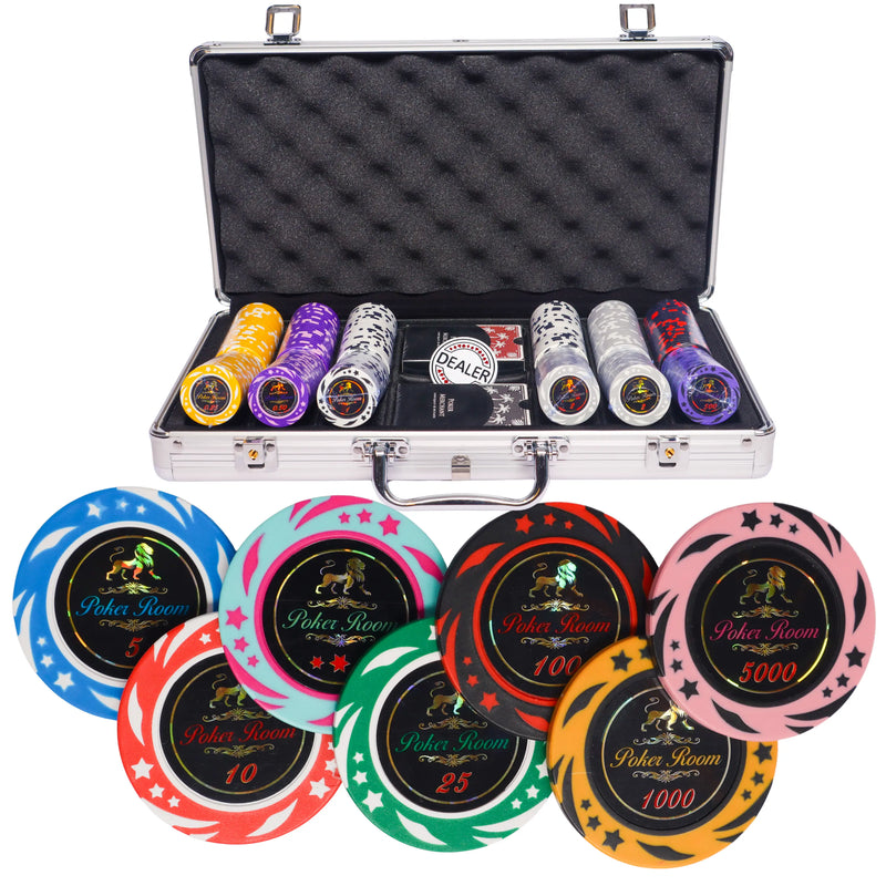 lion poker room 300 poker set, poker chips, poker cards, dealer button and poker case