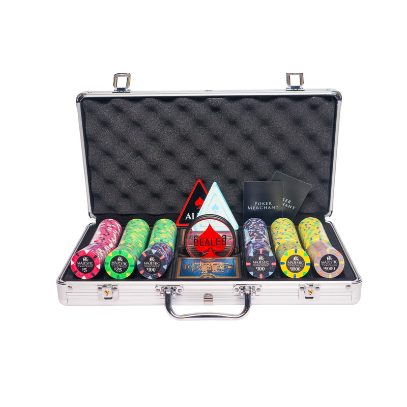 majestic 300 poker set, colorful poker chips, Poker cards, Dealer button and Poker case