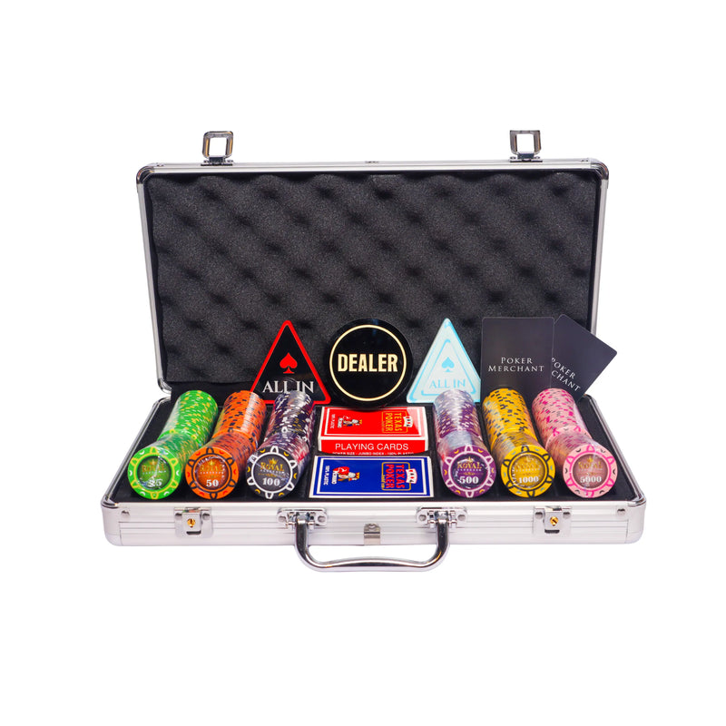 royal cardroom poker set, colorful poker chips, Poker cards, Dealer button and Poker case