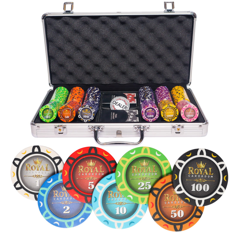 royal cardroom 300 poker set cash game, colorful poker chips, poker cards, dealer button and poker case