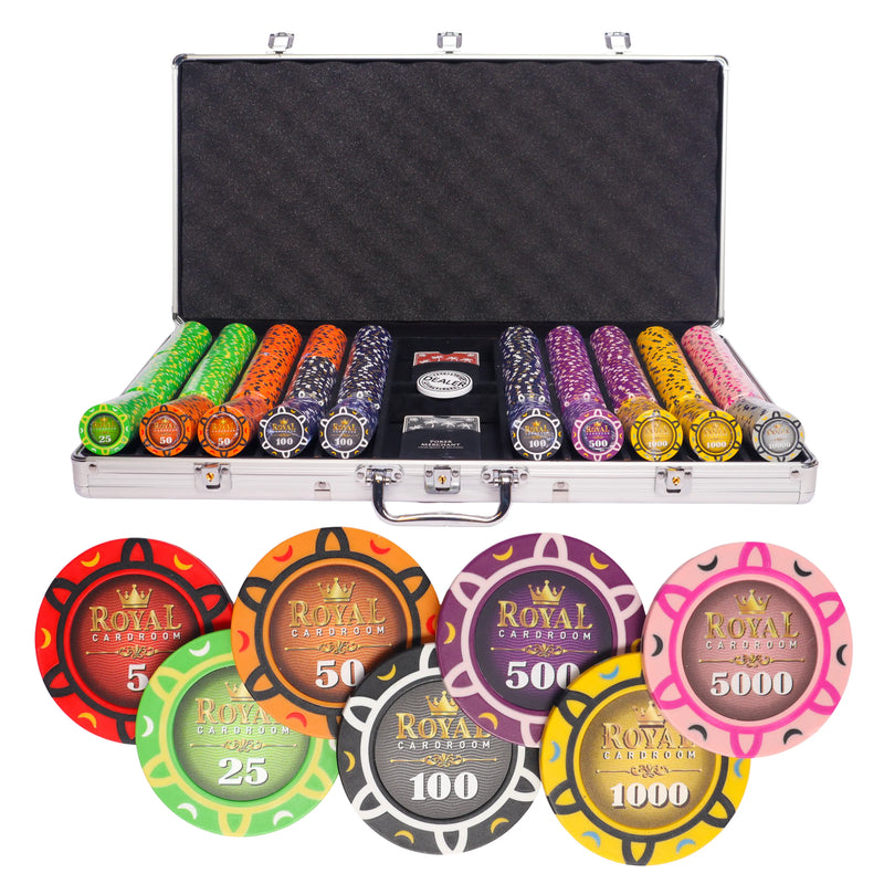 royal cardroom 750 poker set, poker chips, poker cards, dealer button and poker case