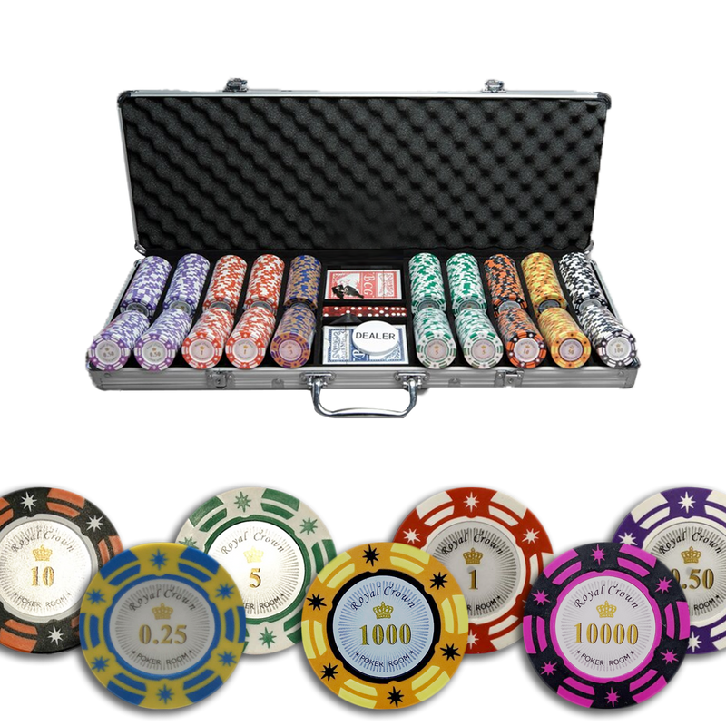 preview royal crown 500 poker chips, overview of our colorful poker chips, poker cards and a dealer button