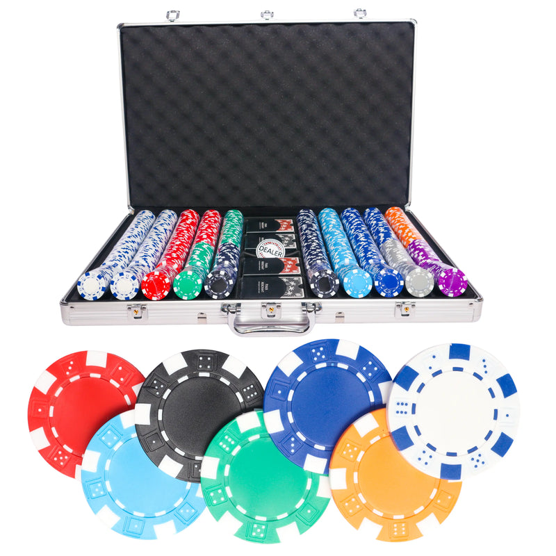 dice 1000 poker set, colorful poker chips, poker cards, dealer button and poker case
