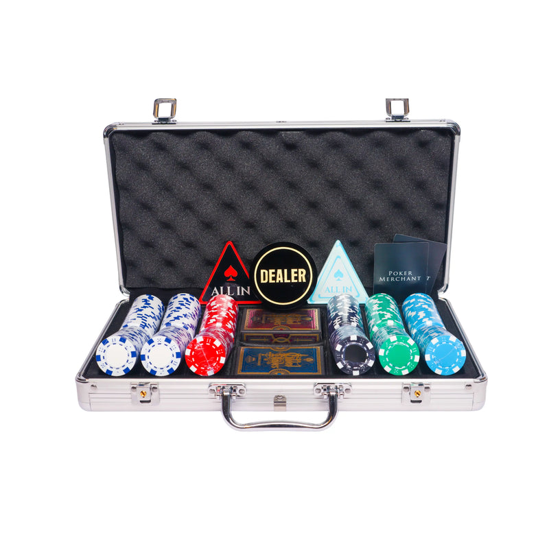 the dice 300 poker set, colorful poker chips, poker cards, dealer button and poker case