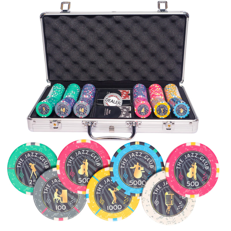 Jazz Club 300 poker set tournament, poker chips, poker cards, dealer button and poker case
