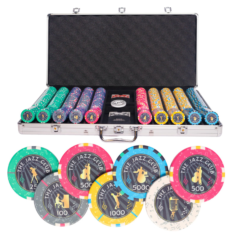 Jazz club 750 poker set tournament, poker chips, poker cards, dealer button and poker case
