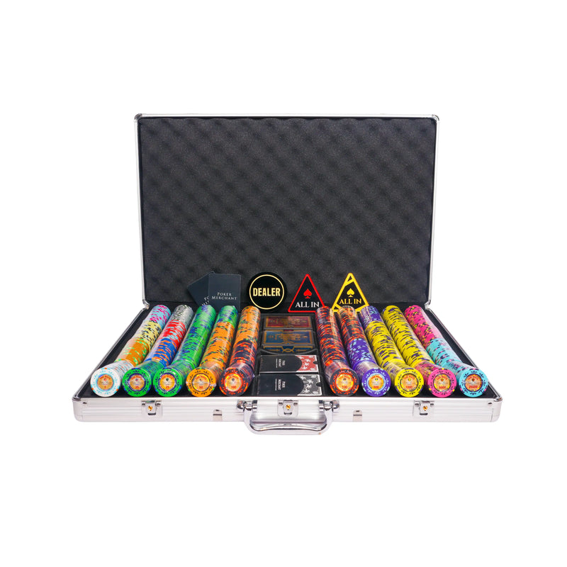 the nuts 1000 poker set, colorful poker chips, poker cards, dealer button and poker case