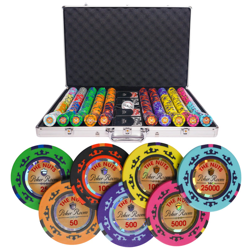 the nuts 1000 poker set, poker chips, poker cards, dealer button and poker case