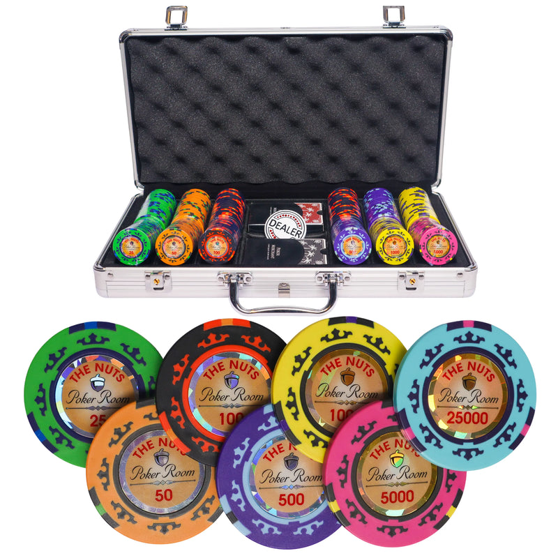 the nuts 300 poker set, poker chips, poker cards, dealer button and poker case