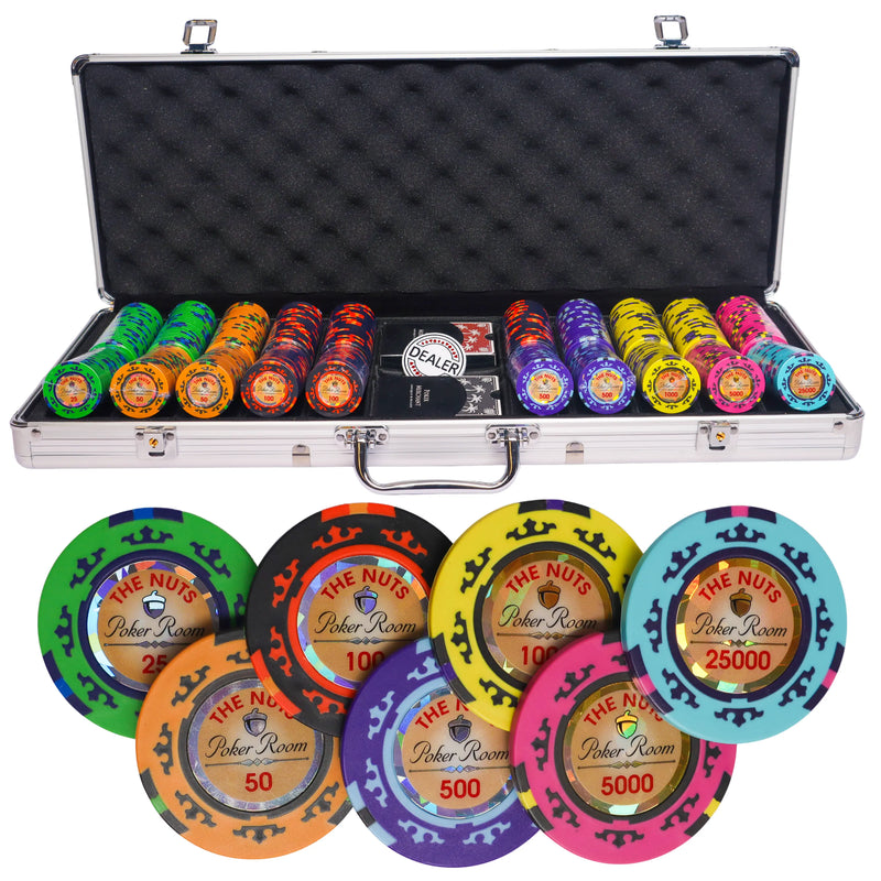 the nuts 500 poker set, colorful poker chips, poker cards, dealer button and poker case