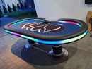 blue black red-lined poker table led- lights, background hearts, spades, clubs and diamonds
