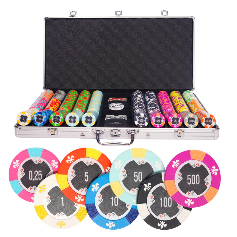 aces 750 poker set, colorful poker chips, poker cards, dealer button and poker case