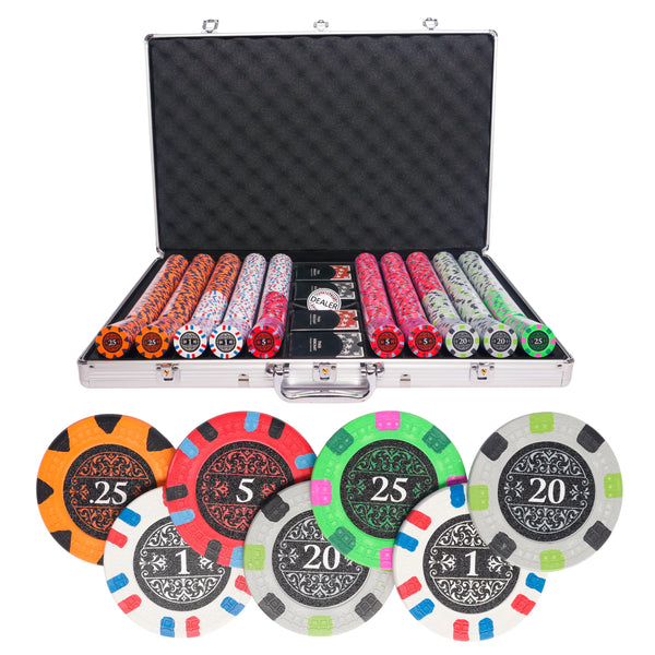 Banks 1000 poker set, colorful poker chips, poker cards, dealer button and poker case