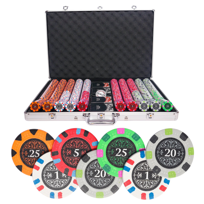 Banks 1000 poker set, colorful poker chips, poker cards, dealer button and poker case