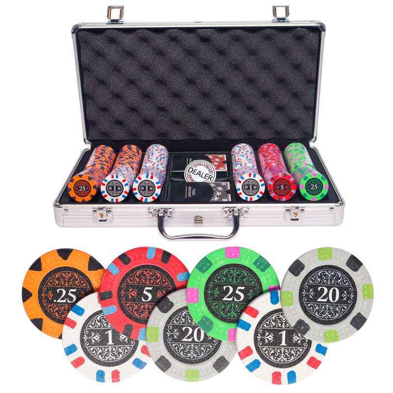Banks 300 poker set, colorful poker chips, poker cards, dealer button and poker case