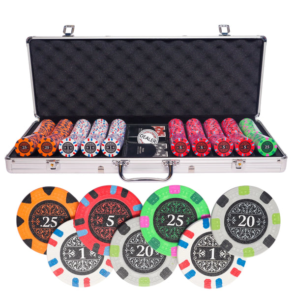 Banks 500 poker set, colorful poker chips, poker cards, dealer button and poker case