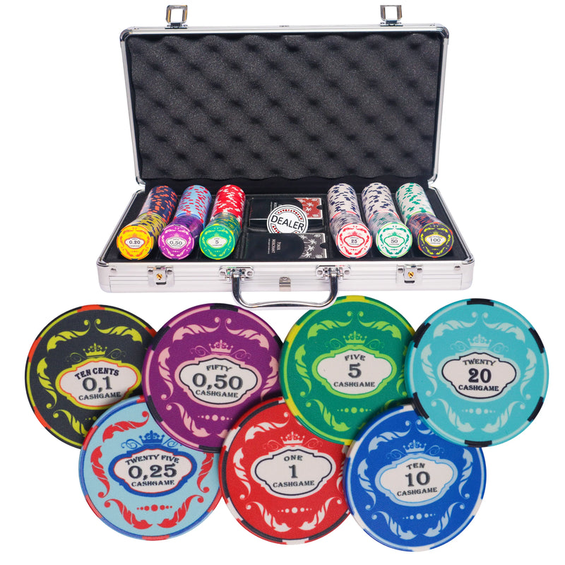 ceramic crown 300 poker set, poker chips, poker cards, dealer button and poker case
