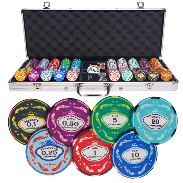 ceramic crown 500 poker set, poker chips, poker cards, dealer button and poker case