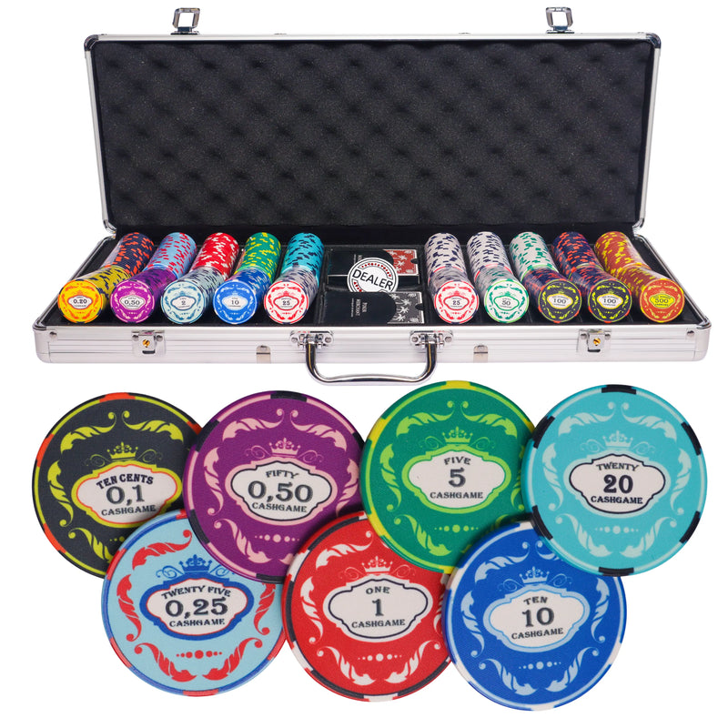 ceramic crown 500 poker set, poker chips, poker cards, dealer button and poker case