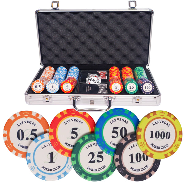 ceramic las vegas 300 poker set, poker chips, poker cards, dealer button and poker case