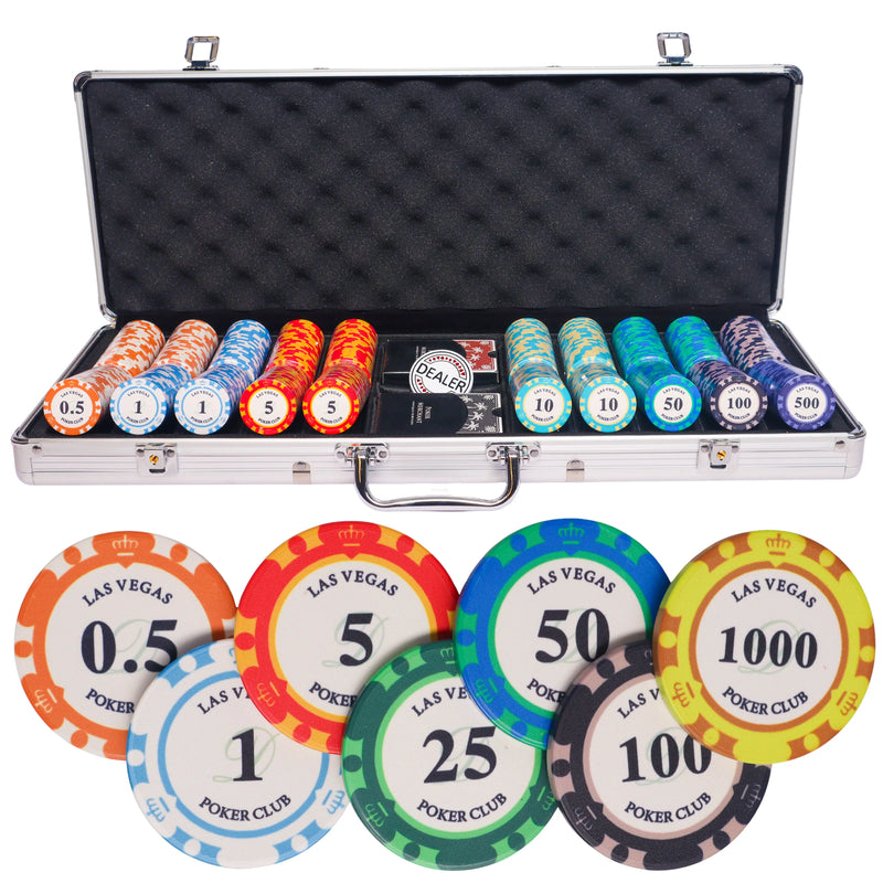 ceramic Las Vegas 500 poker set, poker chips, poker cards, dealer button and poker case