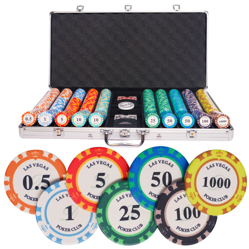 ceramic Las vegas 750 poker set, poker chips, poker cards, dealer button and poker case