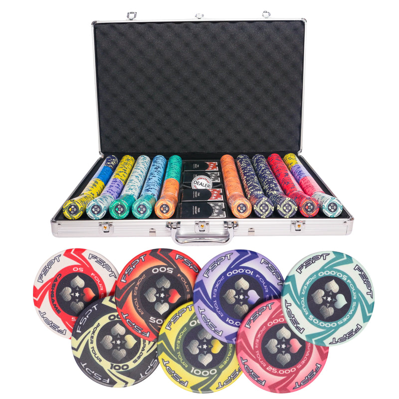 FPTS 1000 poker set tournament,  poker chips, poker cards, dealer button and poker case