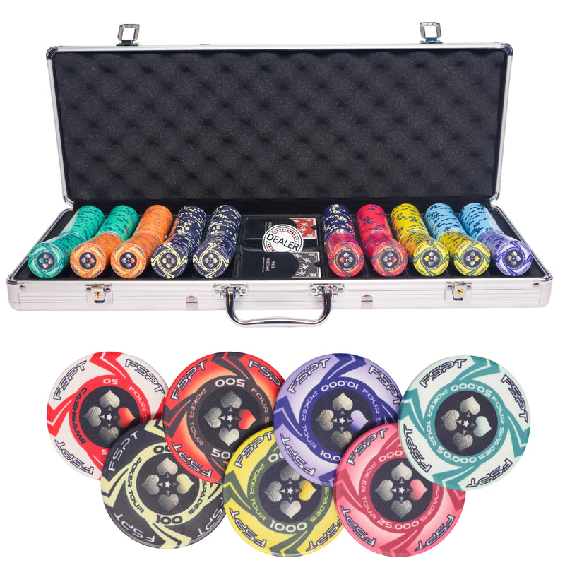 5000 poker set tournament, poker chips, poker cards, dealer button and poker case