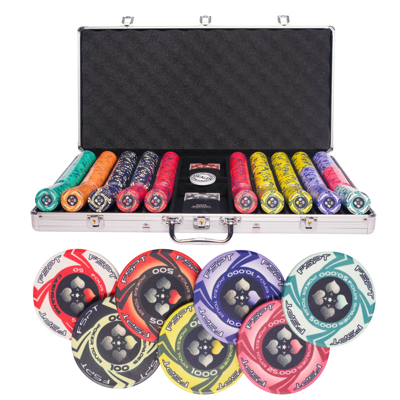 FPST 750 poker set tournament, poker chips, poker cards, dealer button and poker case