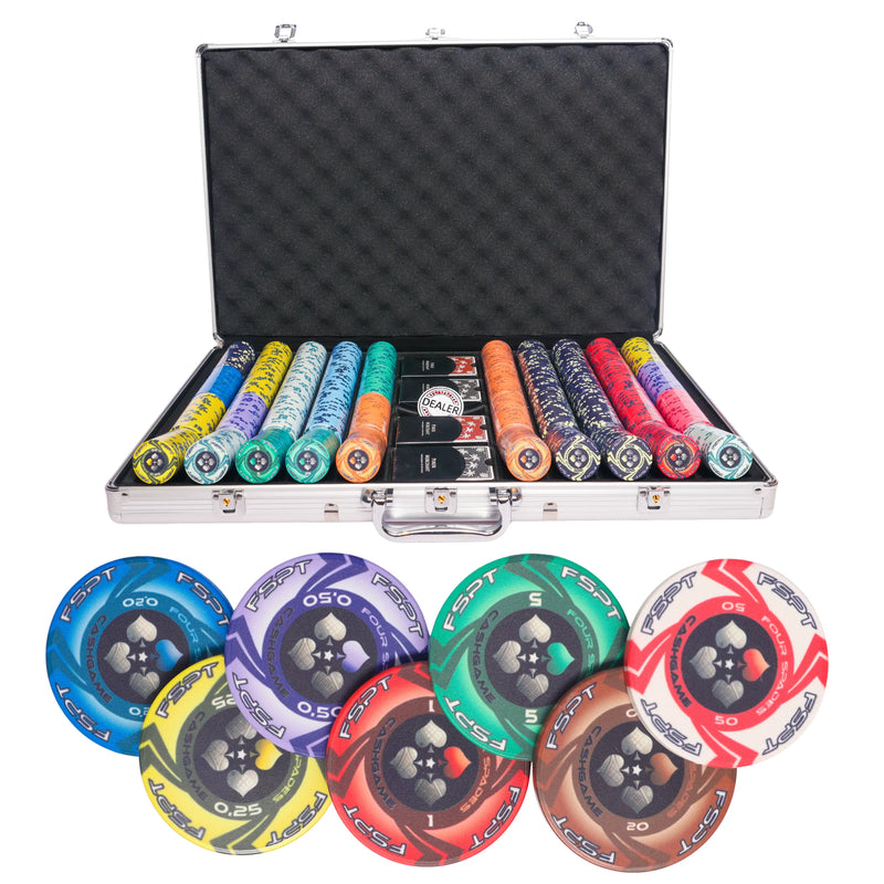 FSPT cash game 1000 poker, set, colorful poker chips, poker cards, dealer button and poker case
