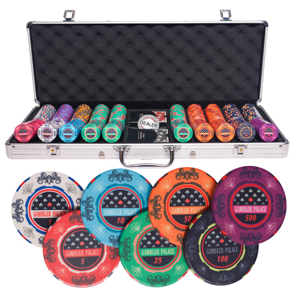gambler palace 500 poker set,  poker chips, poker cards, dealer button and poker case
