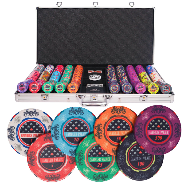 Gambler Palace 750 poker set, colorful poker chips, poker cards, dealer button and poker case
