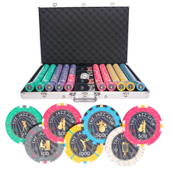 Jazz club 1000 poker set tournament, poker chips, poker cards, dealer button and poker case