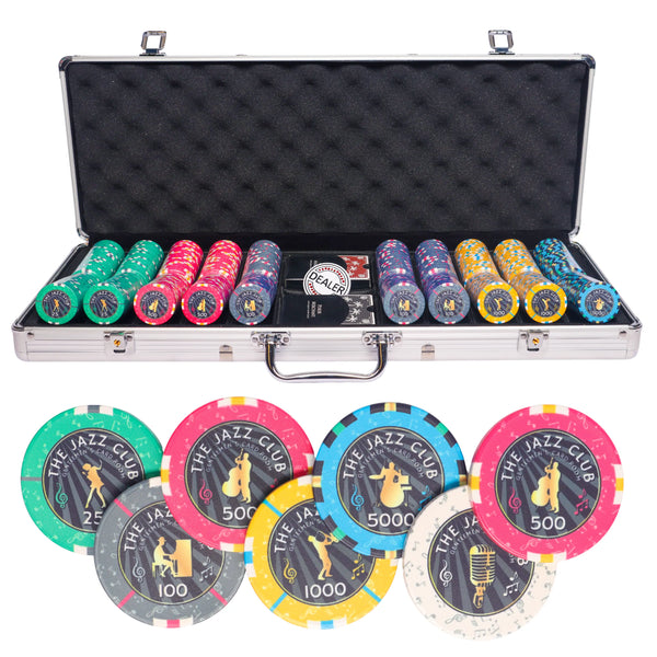Jazz club 500 poker set tournament,  poker chips, poker cards, dealer button and poker case