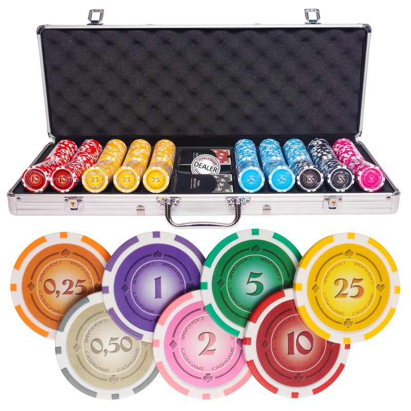 lazar suits 500 poker set, poker chips, poker cards, dealer button and poker case