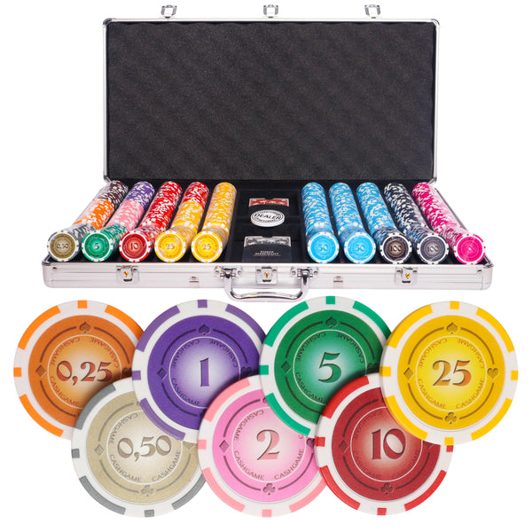 lazar suits 750 poker set, poker chips, poker cards, dealer button and poker case