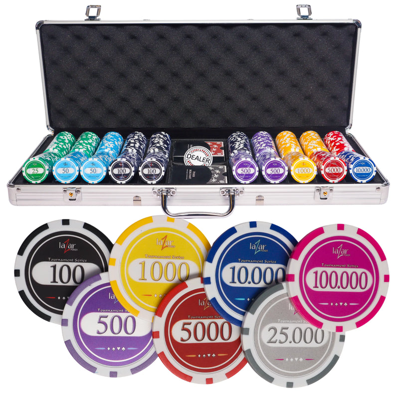 lazar tournament 500 poker set, poker chips, poker cards, dealer button and poker case
