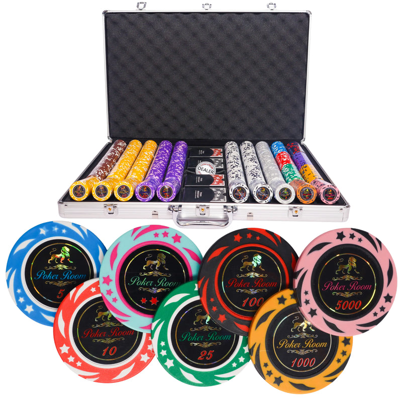 Lion poker room 1000 poker set, poker chips, poker cards, dealer button and poker case