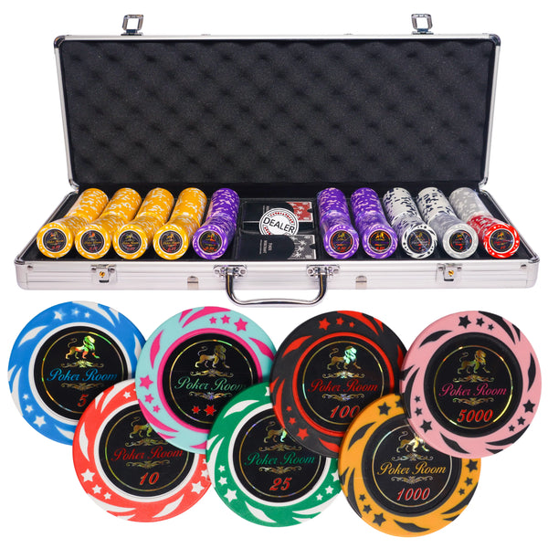 Lion poker room 500 poker set,  poker chips, poker cards, dealer button and poker case